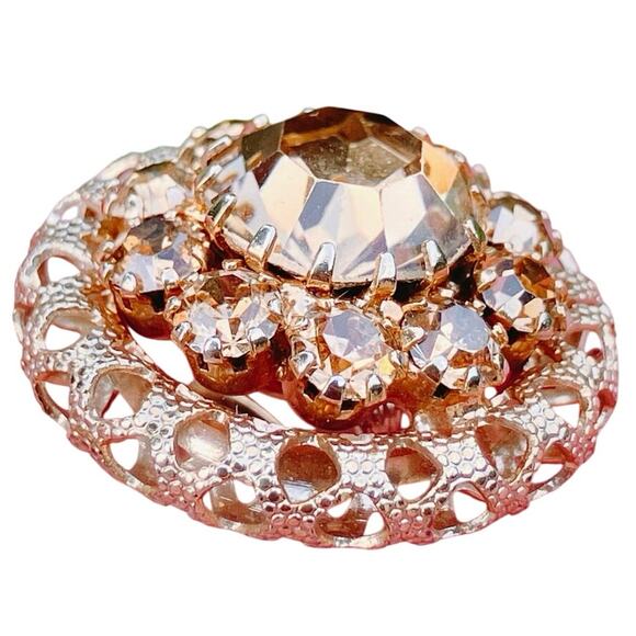 VTG 50s Gold Tone Champagne Rhinestone Dome Clip On Earrings Mid Century Sparkly - Picture 5 of 8